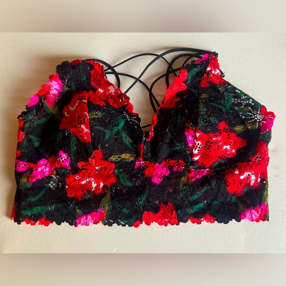 Victoria's Secret Black, Red and Pink Floral Lace Bralette Top.